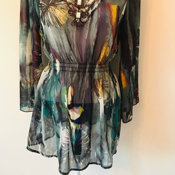 Mushka by Sienna Boho Tunic Rose Sheer Flowy Beaded Top Shirt Watercolor Print M - Picture 3 of 16